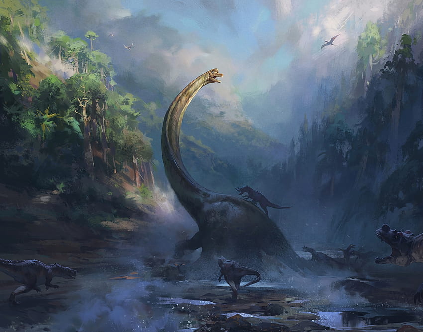 Wiek dinozaurów, fantazja, walka, grafika Tapeta HD