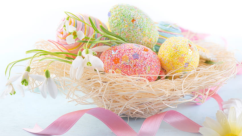 Soft Easter, Easter, ribbon, soft, spring, Firefox Persona theme, Easter eggs, delicate, flowers, bowl HD wallpaper