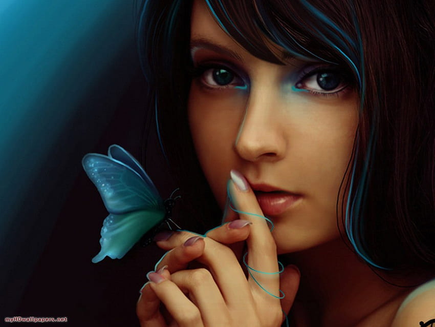 Cantik, biru, kupu-kupu, seni, wajah, cantik, gadis, baik Wallpaper HD