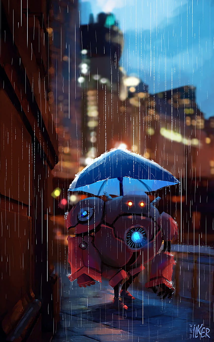 Arte, pioggia, robot, ombrello, strada Sfondo del telefono HD