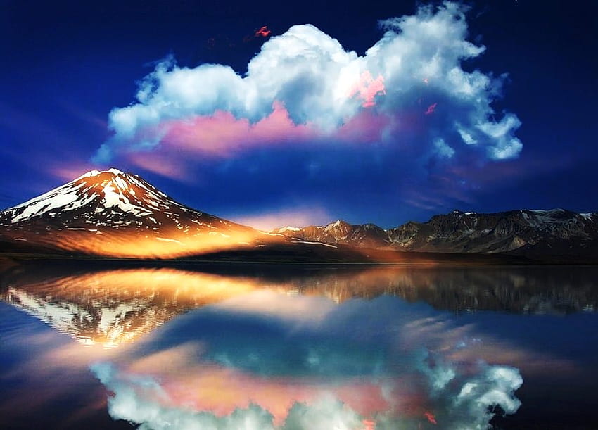 A canvas of our world, blue, dawn, pink, reflection, light, clouds, lake, mountain HD wallpaper