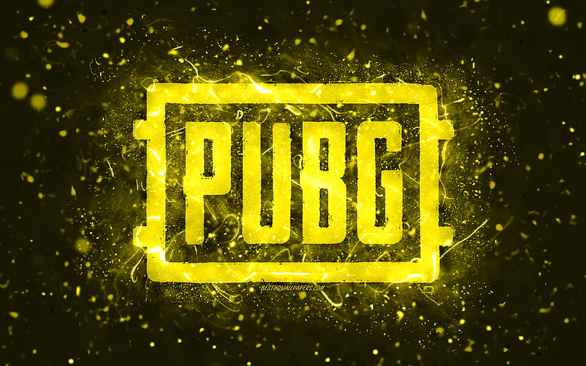 Жълто лого на Pubg, , жълти неонови светлини, PlayerUnknowns Battlegrounds, творчески, жълт абстрактен фон, лого на Pubg, онлайн игри, Pubg HD тапет