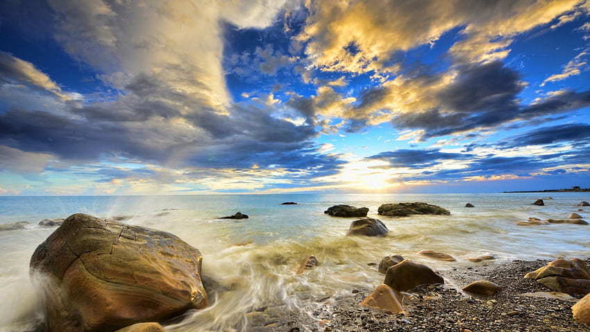 beautiful clouds over rocky shore, sea, shore, clouds, rocks, beach HD wallpaper