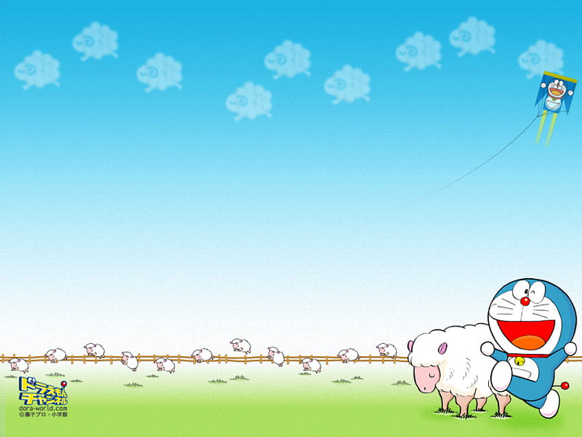 doraemon with a flock of sheep, cartoons, doraemon HD wallpaper