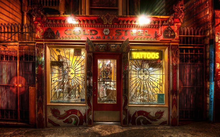 магазинът за татуировки r, нощ, магазин, светлини, тротоар, татуировка, r HD тапет