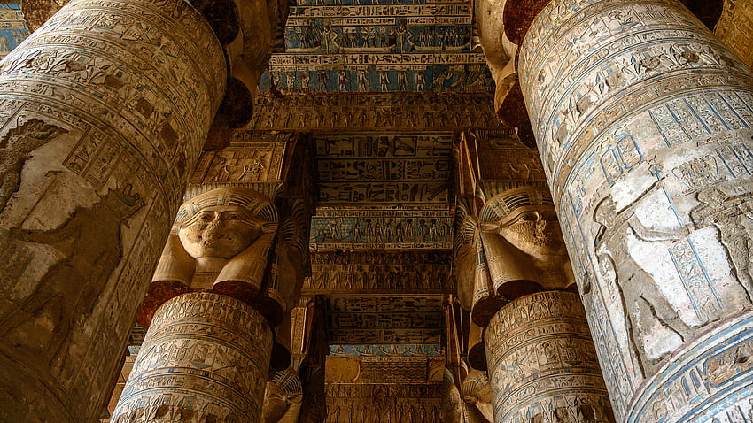 古代文明の象形文字デンデラ神殿、ナイル渓谷、エジプト旅行 高画質の壁紙