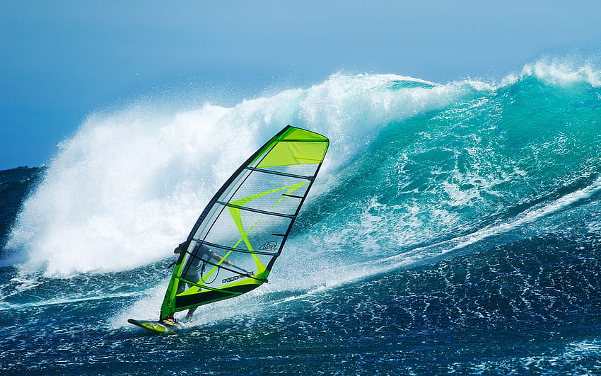 Windsurfing, ocean, duża fala, ekstremalne, sporty letnie Tapeta HD