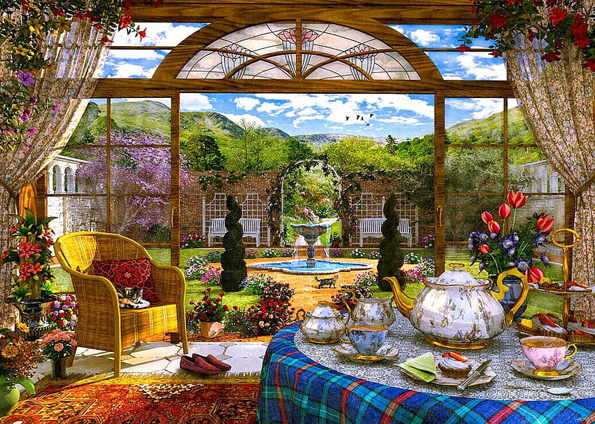 เรือนกระจก ถ้วยชา ตาราง หน้าต่าง สวน งานศิลปะ จิตรกรรม น้ำพุ ดอกไม้ เก้าอี้นวม กาน้ำชา วอลล์เปเปอร์ HD