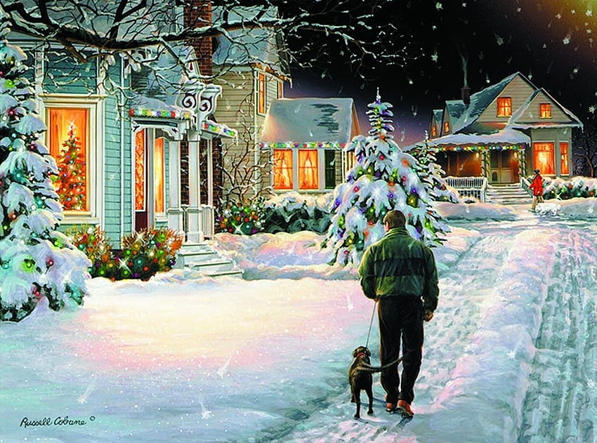 Winter Decorations Man Walk Dog Street Christmas Houses Lights HD wallpaper