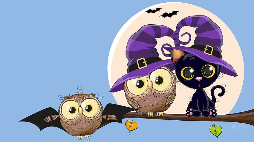 Halloween Owls and Cat, corujas, gato preto, lua cheia, Halloween, bonitinho, morcego, Firefox Persona tema, chapéus papel de parede HD