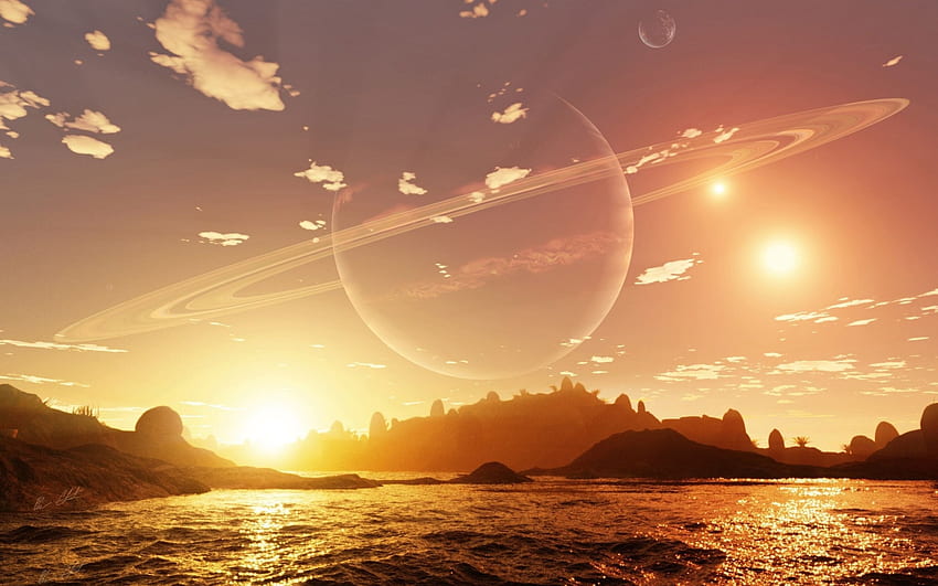 Landschaft voll und Hintergrund, Sci-Fi-Sonnenuntergang HD-Hintergrundbild