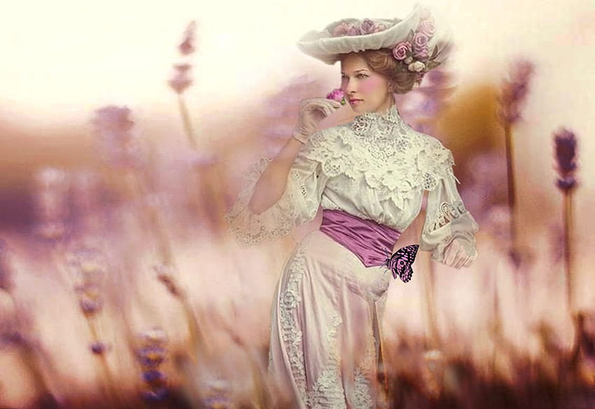 Vintage Modest Woman, purple, brown, white, butterfly, girl, dress, vintage, hat, soft HD wallpaper
