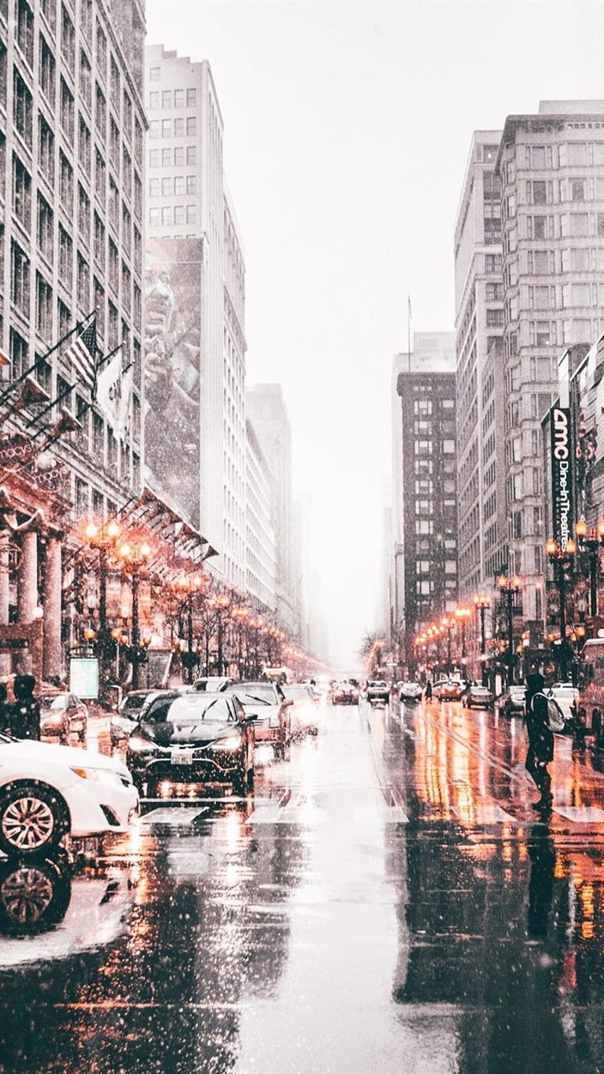 シカゴ、アメリカ、都市、通り、雪、濡れた道路、車、シカゴの冬 HD電話の壁紙