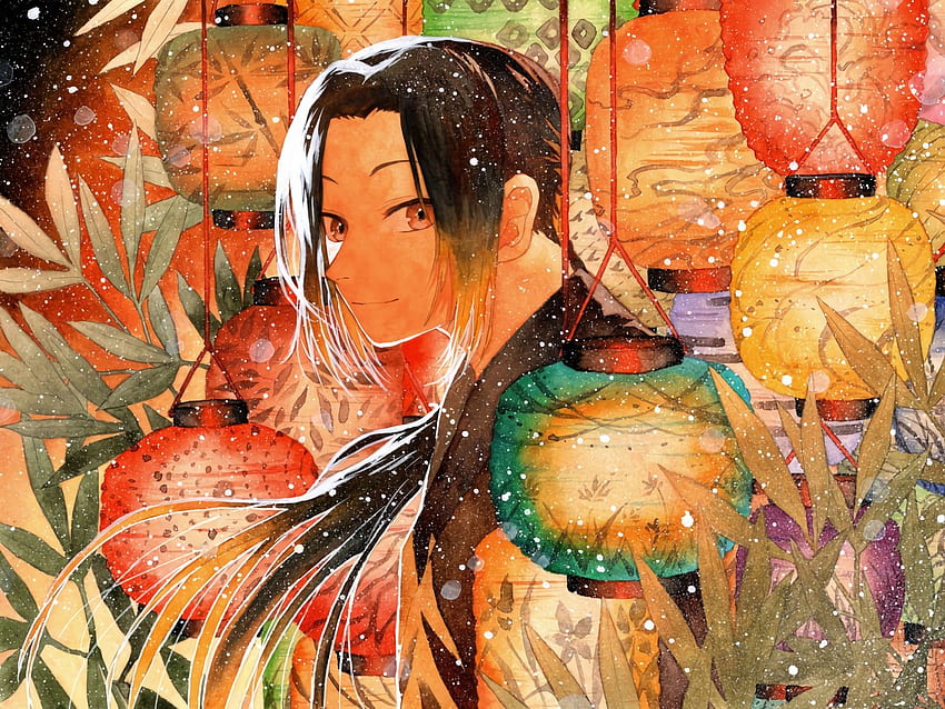 guy, samurai, japanese lanterns, anime, art standard 4:3 background, Japanese Fine Art HD wallpaper