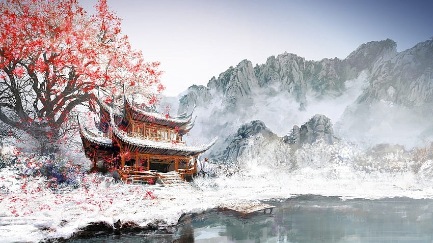 painting, Japan, Winter, White, Snow, Mountain, Cherry Blossom, Chinese Cherry Blossom HD wallpaper