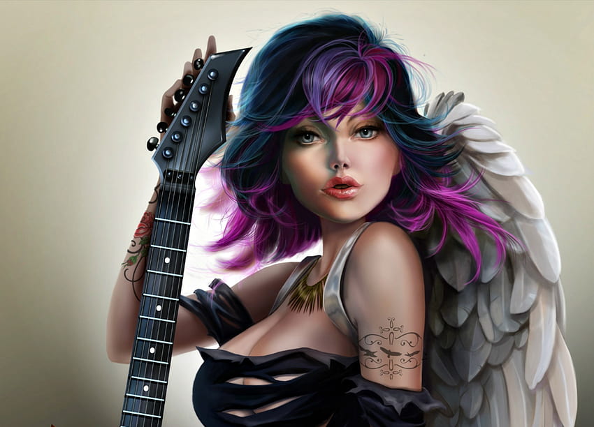 Angel, wings, white, frumusete, art, guitar, girl, crisdelaraart, beauty, purple, pink, feather, fantasy, luminos HD wallpaper