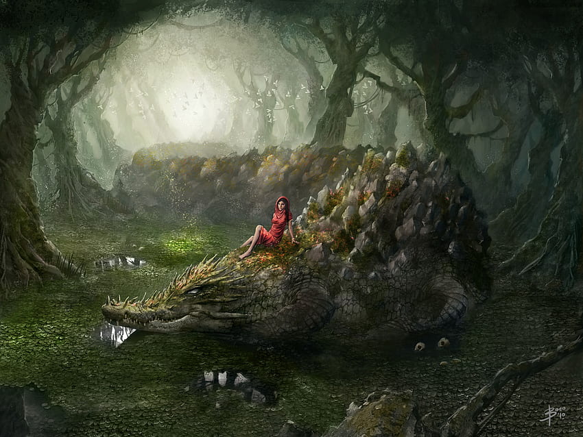 Момиче, яздещо гигантски крокодил, езда, момиче, мистично, червена рокля, красота, крокодил, фантазия, гигант, гора HD тапет