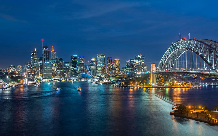 Sidney, Port Jackson Körfezi, Liman Köprüsü, gökdelenler, akşam, Gün batımı, Sidney şehir manzarası, Sidney panoraması, Sidney silüeti, Avustralya HD duvar kağıdı