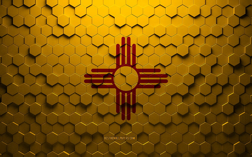 Flag of New Mexico, honeycomb art, New Mexico hexagons flag, New Mexico, 3d hexagons art, New Mexico flag HD wallpaper