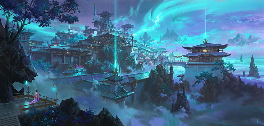 Pagodes, arte da fantasia, névoa, templo, azul, fantasia chinesa papel de parede HD