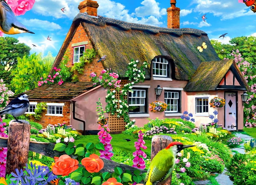 Spring Cottage, 조류, 통로, 정원, 물감, 아름다운, 봄, 꽃, 잔디, 나무 울타리, 나비, 나무, 꽃들, 시골집, 아름다운 HD 월페이퍼