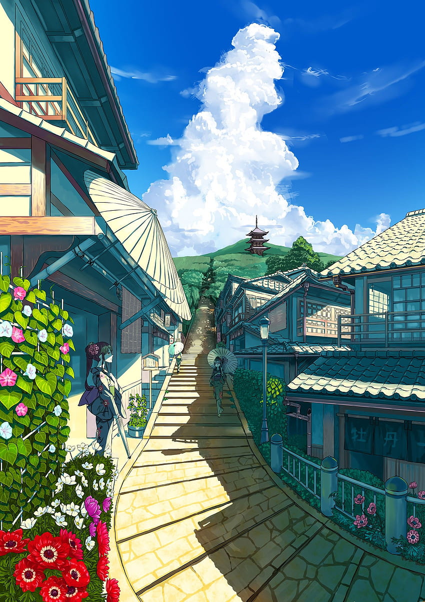 artwork, anime, anime girls, Japanese architecture, Japan Town HD phone wallpaper