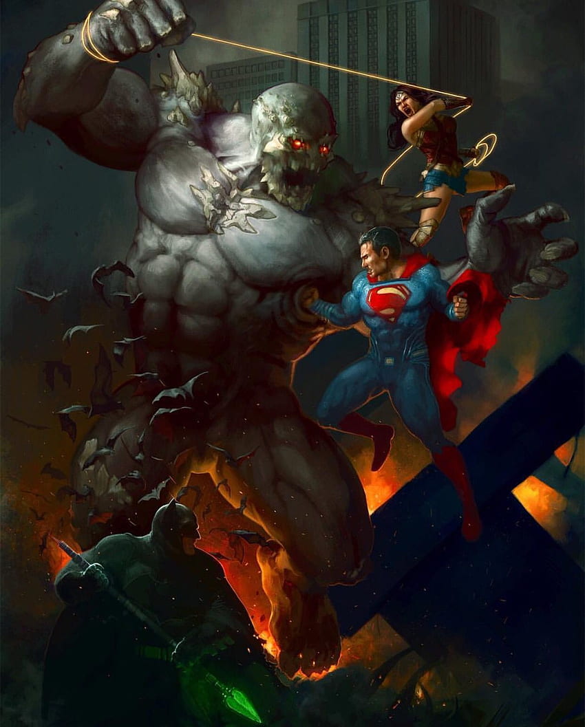 Trinidad contra el día del juicio final. Ilustraciones de DC comics, Superman vs Doomsday fondo de pantalla del teléfono