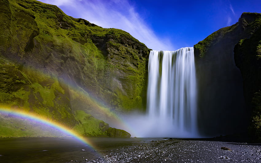Iceland, Skogafoss, Waterfall, Rainbow HD wallpaper