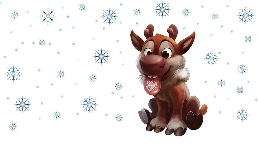 Funny reindeer, winter, craciun, cute, snowflake, bliksem, brown, reindeer, christmas, funny, tongue, child HD wallpaper