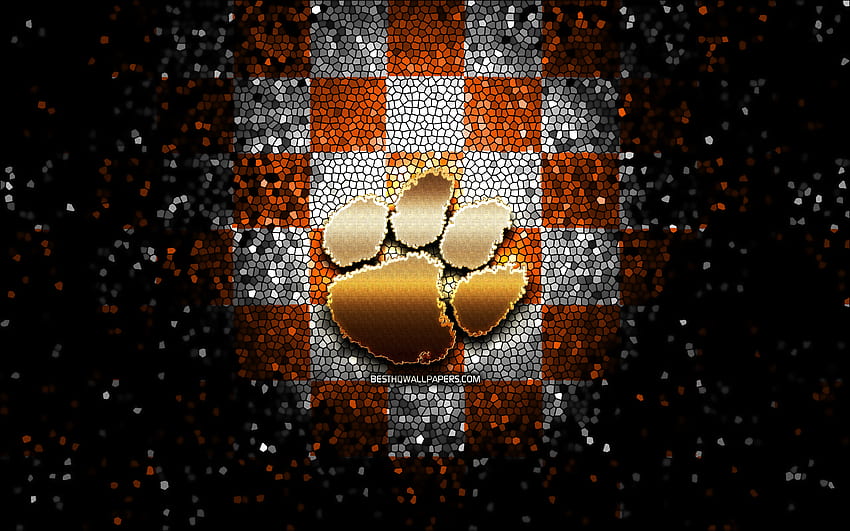 Clemson Tigers, glitter logo, NCAA, orange white checkered background, USA, american football team, Clemson Tigers logo, mosaic art, american football, America for with resolution . High Quality , Clemson Football HD wallpaper
