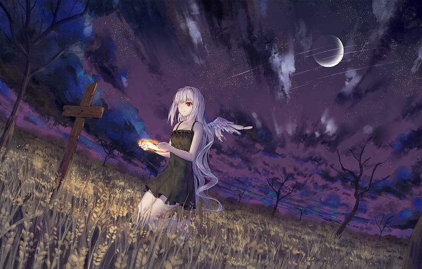 malam, salib, malaikat, kuburan untuk , bagian арт -, Makam Anime Wallpaper HD