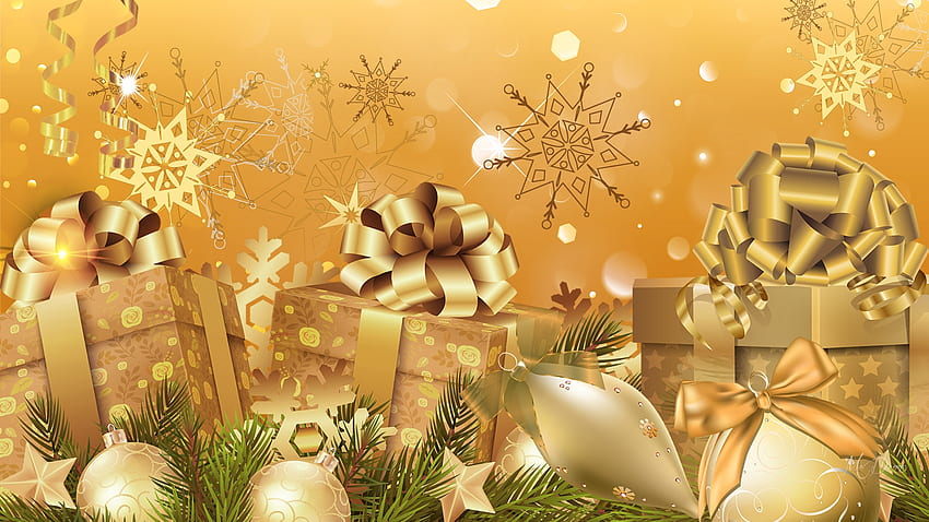 Gifts of Gold, Feliz Navidad, zimozielony, świerk, jodła, złote prezenty, wakacje, Boże Narodzenie, sosna, dekoracje, płatki śniegu Tapeta HD