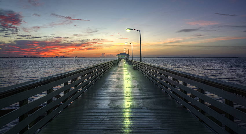 sunset over a pier, fun, cool, nature, sunset, ocean, beach HD wallpaper