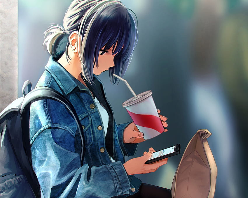 Slice Of Life, Smartphone, Earring, Anime Girl, Short Hair, Drinking - Resolution:, Slice of Life Anime HD wallpaper