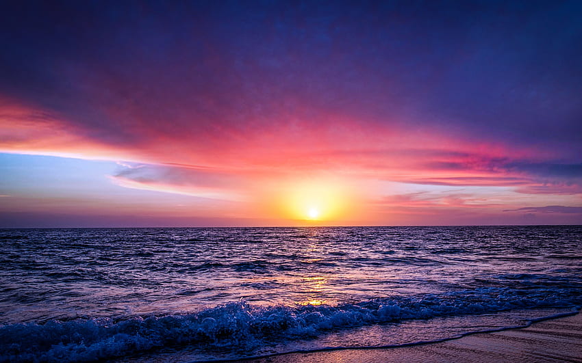海景 , 海岸, 日没, 海の波, ビーチ, 紫色の空, 自然, ビーチの夕日の海の波 高画質の壁紙