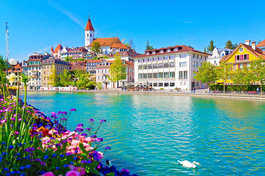 Beautiful houses by the river Aare, Switzerland HD wallpaper