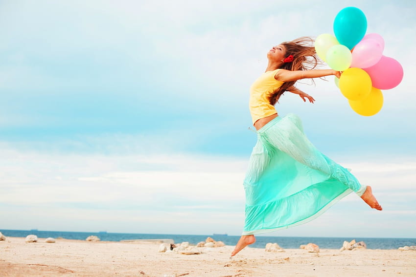 Happy Day, Meer, Grafik, Mädchen, schön, Strand, Frau, Luftballons, glücklich, Himmel HD-Hintergrundbild
