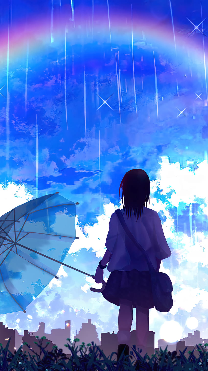 Anime, fille, arc-en-ciel, paysage, pluie, parapluie, téléphone, arrière-plan et. Mocah, femme sous la pluie Fond d'écran de téléphone HD