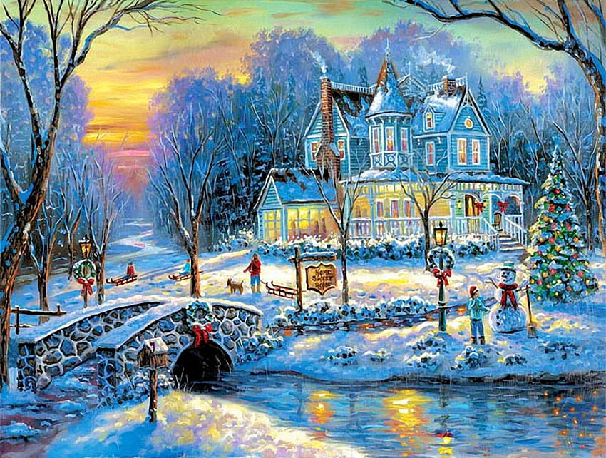 ロバート フィナーレ - ホワイト クリスマス、アートワーク、川、絵画、雪、家、橋、ビクトリア朝、日没 高画質の壁紙