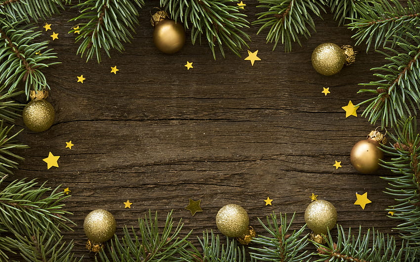 クリスマス フレーム、茶色の木製の背景、クリスマスの背景、ゴールデン ボール クリスマス フレーム、新年あけましておめでとうございます 高画質の壁紙