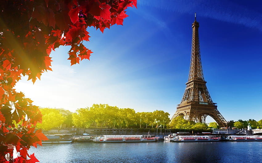 Francuski, architektura, wieża, Francja, wieża Eiffla, drzewa, niebo, woda / i mobilne tło Tapeta HD