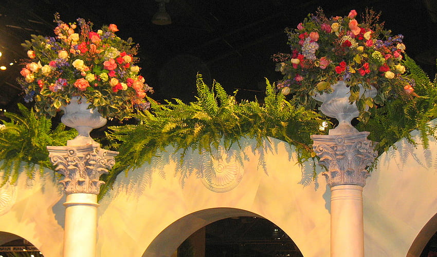 Beautiful Patio Flowers, arches, beautiful, patio, pot flowers HD wallpaper
