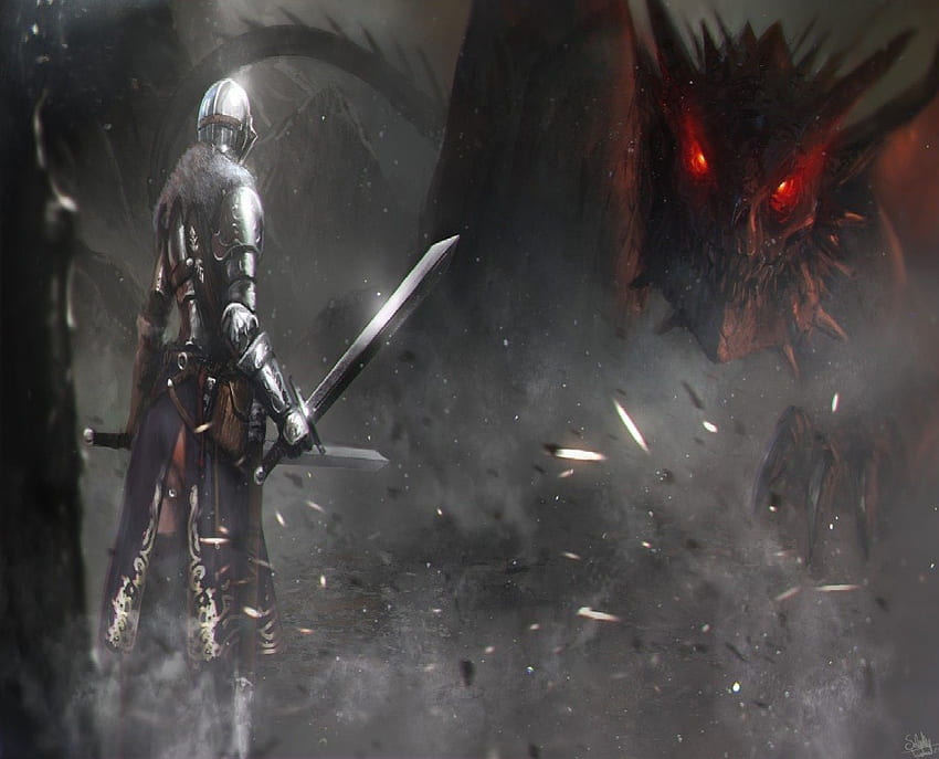 Knight vs Dragon, Knight, Dragon, Duman, Kadın, Kılıçlar, Ateş HD duvar kağıdı