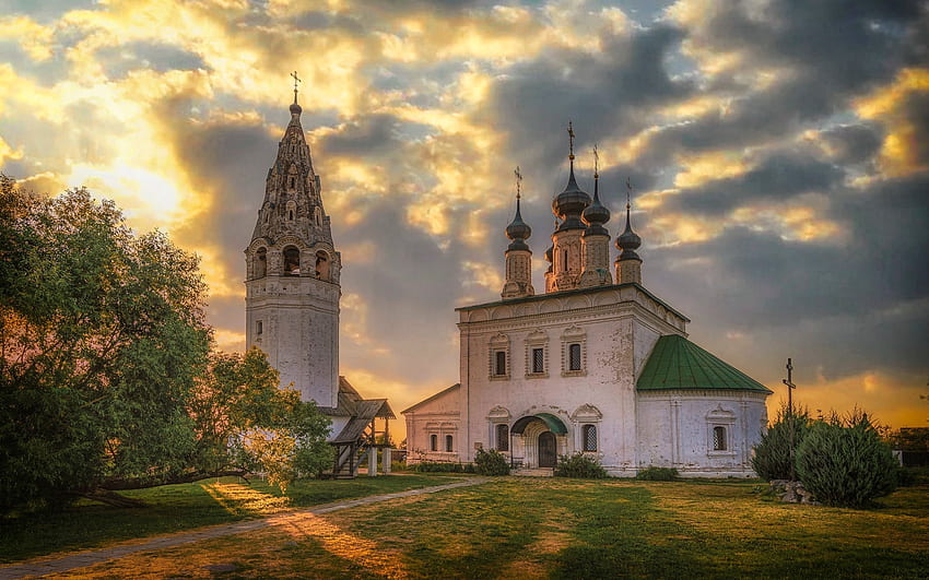 Igreja na Rússia, nuvens, igreja, torre, Rússia, cúpulas papel de parede HD