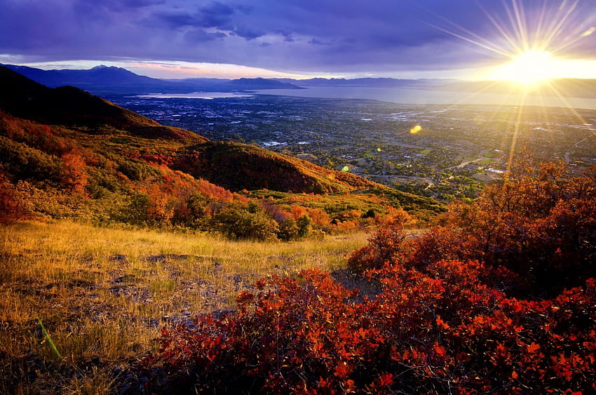 Autumn sunset, rays, hills, glow, fall, beautiful, grass, mountain, clouds, view, autumn, sky, sun, sunset HD wallpaper