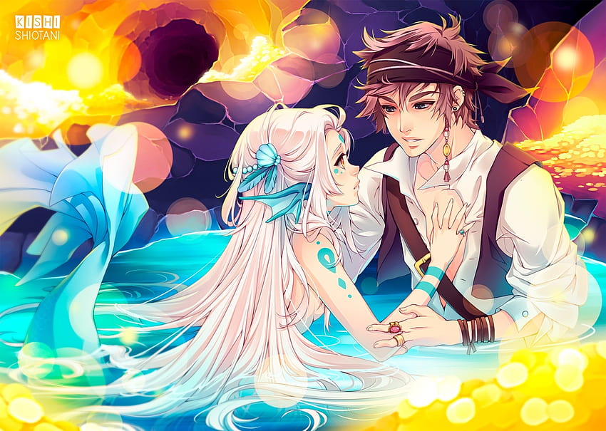 Fantasy lovers, blue, sirena, mermaid, pirate, man, girl, summer, anime, fantasy, manfa, yellow, couple, water HD wallpaper