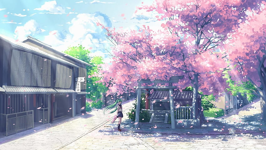 Аниме фон с черешов цвят, аниме пролетен пейзаж HD тапет