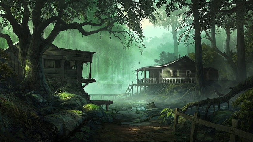 자연 나무 어두운 숲 주택 삽화 – Architecture Houses, Dark Jungle Anime HD 월페이퍼