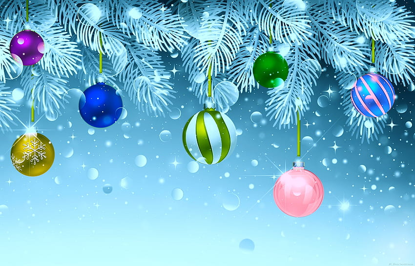 Коледни топки, Зима, Коледа, Сини, Декорации, Сняг HD тапет
