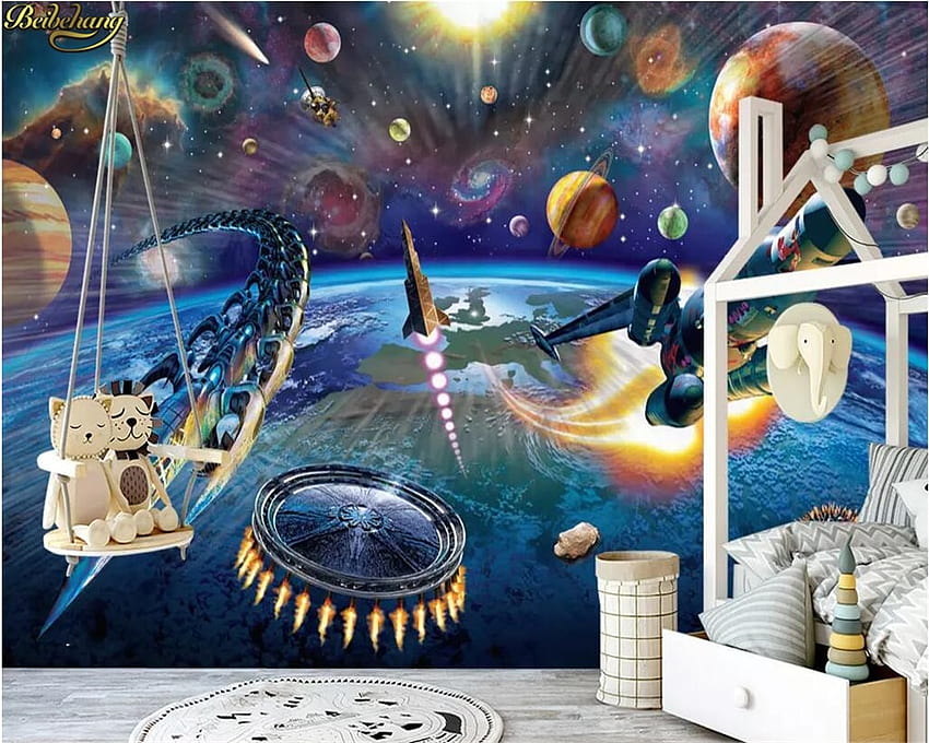 beibehang Custom mural modern hand painted cartoon space spaceship children's room mural background wall 3D . HD wallpaper